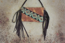 Load image into Gallery viewer, Tan Hair on Hide Leather Fringe &amp; Navajo Handbag/Crossbody
